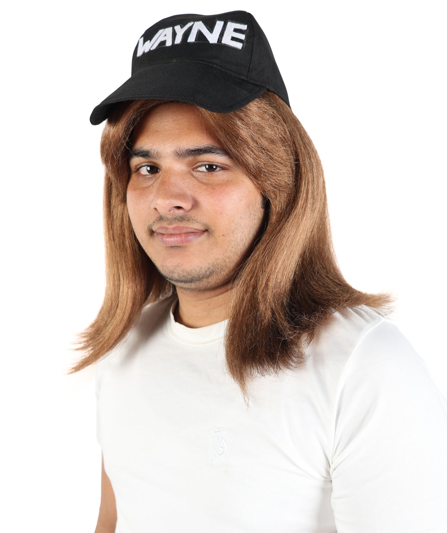 HPO Men’s Brown Retro Wig with Black Slogan Cap | Straight Layered Hair Accessory for Parties, Cosplay & Dress-Up Looks | Lightweight Capless Cap Design