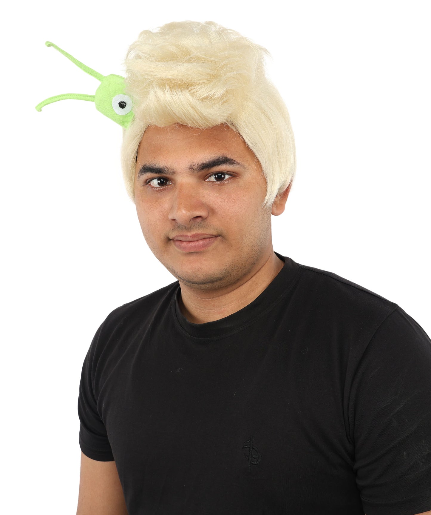 HPO Men's Brain Slug Orange Wig | Medium Spiked Synthetic Hair with Attached Green Alien Plush and Messy Texture | Sci-Fi Cosplay, Halloween, Cartoon Theme Party, and Funny Costume Accessories