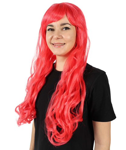 HPO Women's Red Long Wavy Desire Wig with Front Bangs | Halloween and Party Wig | Flame-retardant Synthetic Fiber  |  Premium Breathable Capless Cap