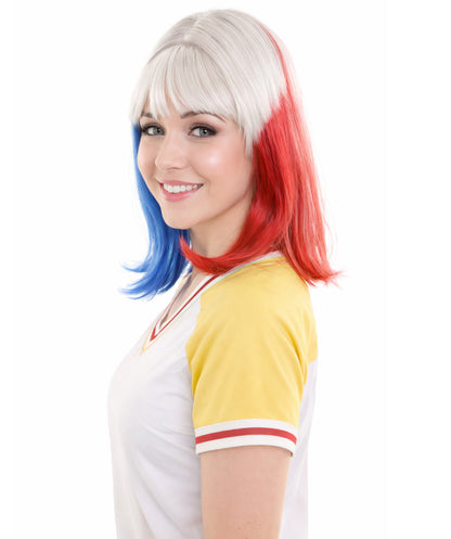 Red White and Blue Bob with Tinsel | Sparkly Celebrity Halloween Wigs | Premium Capless Cap