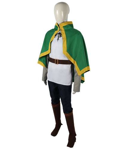 Fantasy Adventurer Roleplay Suit | Green and white uniform tricote construction featuring a koti capelet, body shirt, pants, belt, and leg socks | Ideal for party, Halloween, cosplay, theater, drag, performance, costume events