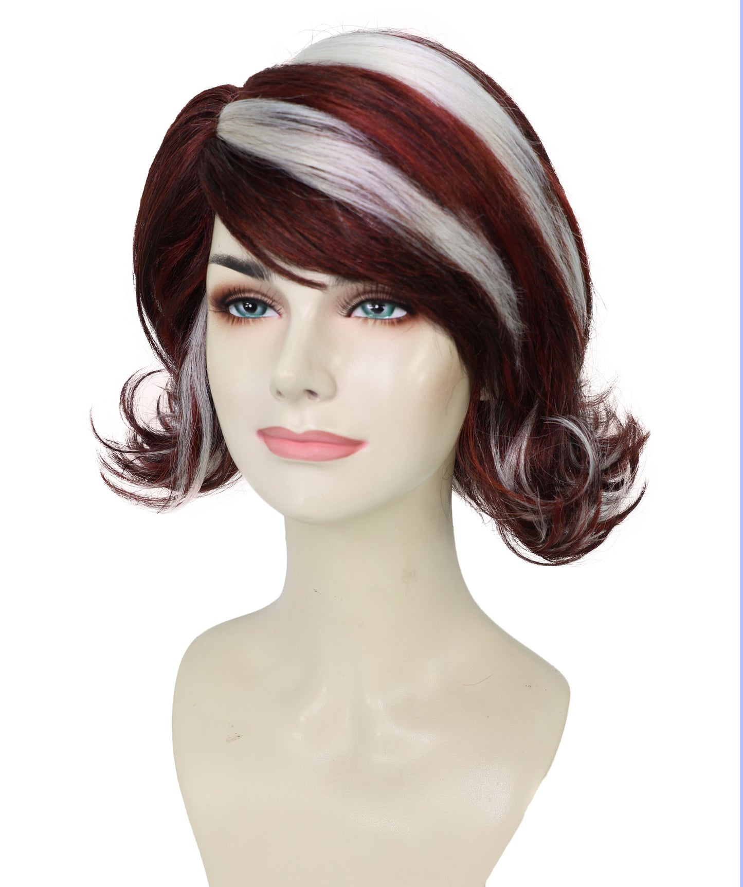 HPO Adult Women’s 90’s Inspired Burgundy & Mocha Short Layered Wig with Chic Highlights | Retro Glam Hairpiece | Ideal for Halloween | Breathable Capless Cap