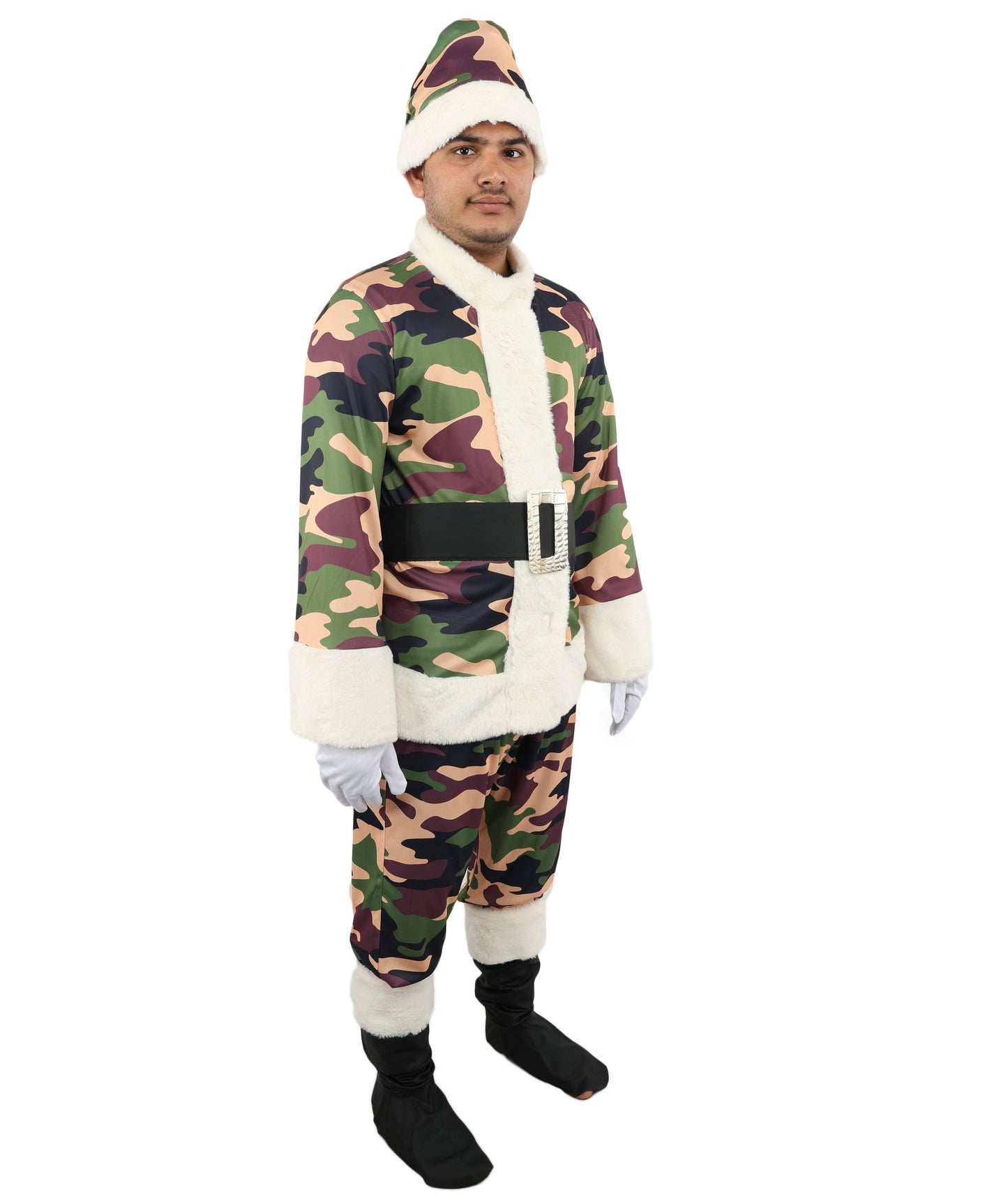 HPO Men's Camouflage Santa Costume | Plush Faux Fur Trimmed Jacket and Pants with Matching Hat | Ideal for Halloween, Theater, Drag, and Outdoor Holiday Events