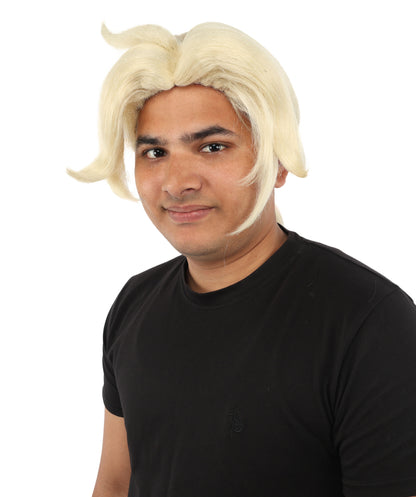 HPO Men's Golden Blonde Curtain Bang Wig | Shoulder Length Wavy Surfer Style, Heat Resistant Synthetic Fiber & Breathable Net | Halloween, Funny Roleplay, Theater, 90s Party & Costume Events