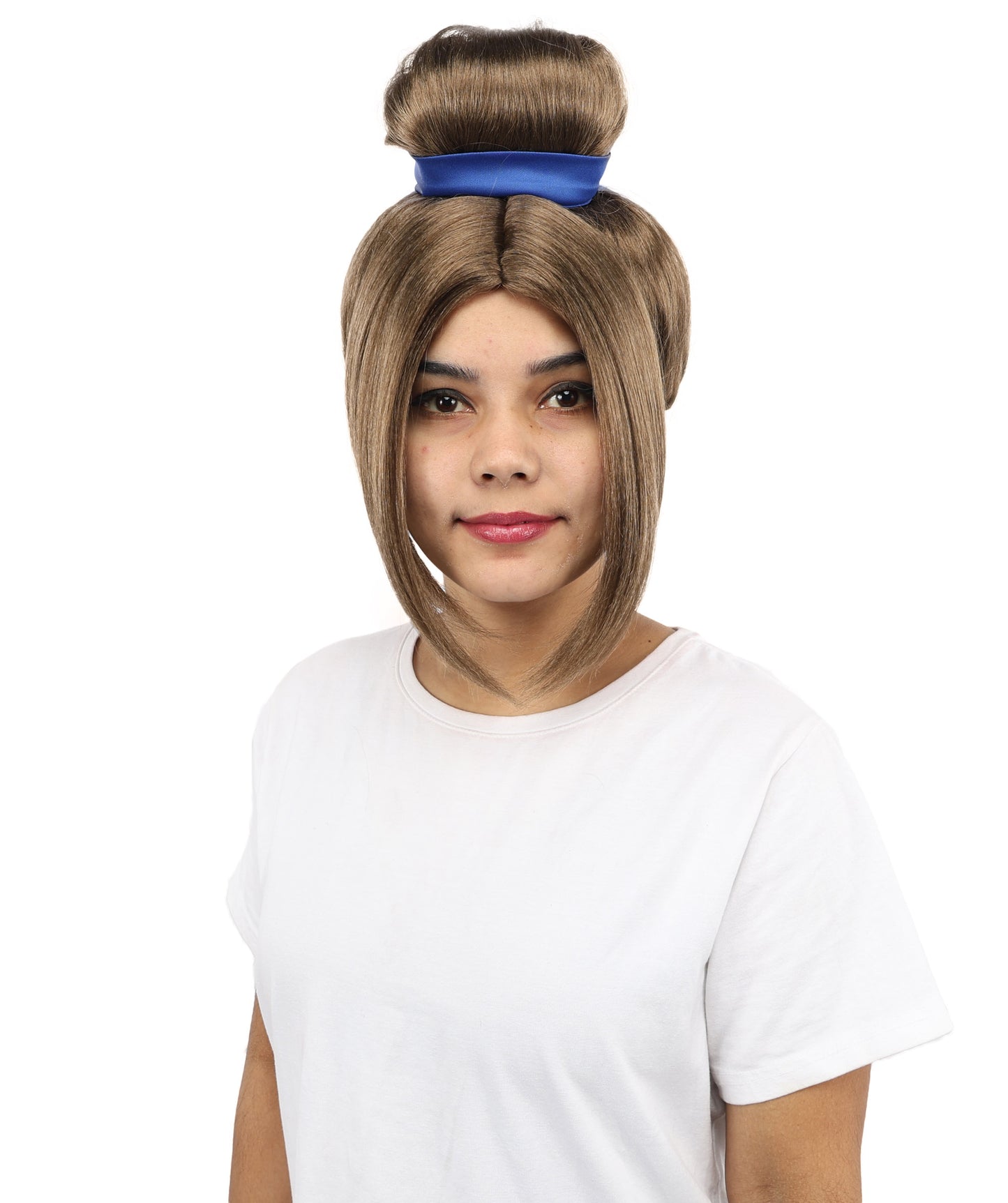HPO Women’s Historical Tall Bun Wig with Blue Ribbon and Side Bangs | 12 Inch Synthetic Costume Hairpiece | Capless Cap Wig for Theater, Cosplay, Halloween Events