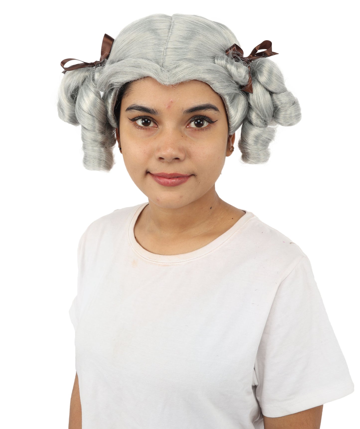 HPO Women's Golden White Mixed Curly Pigtail Wig | Messy Ringlet Twin Tails with Attached Fabric Ribbons, Synthetic Fiber & Breathable Cap | Halloween, Movie Character Roleplay, Costume Party & Theater
