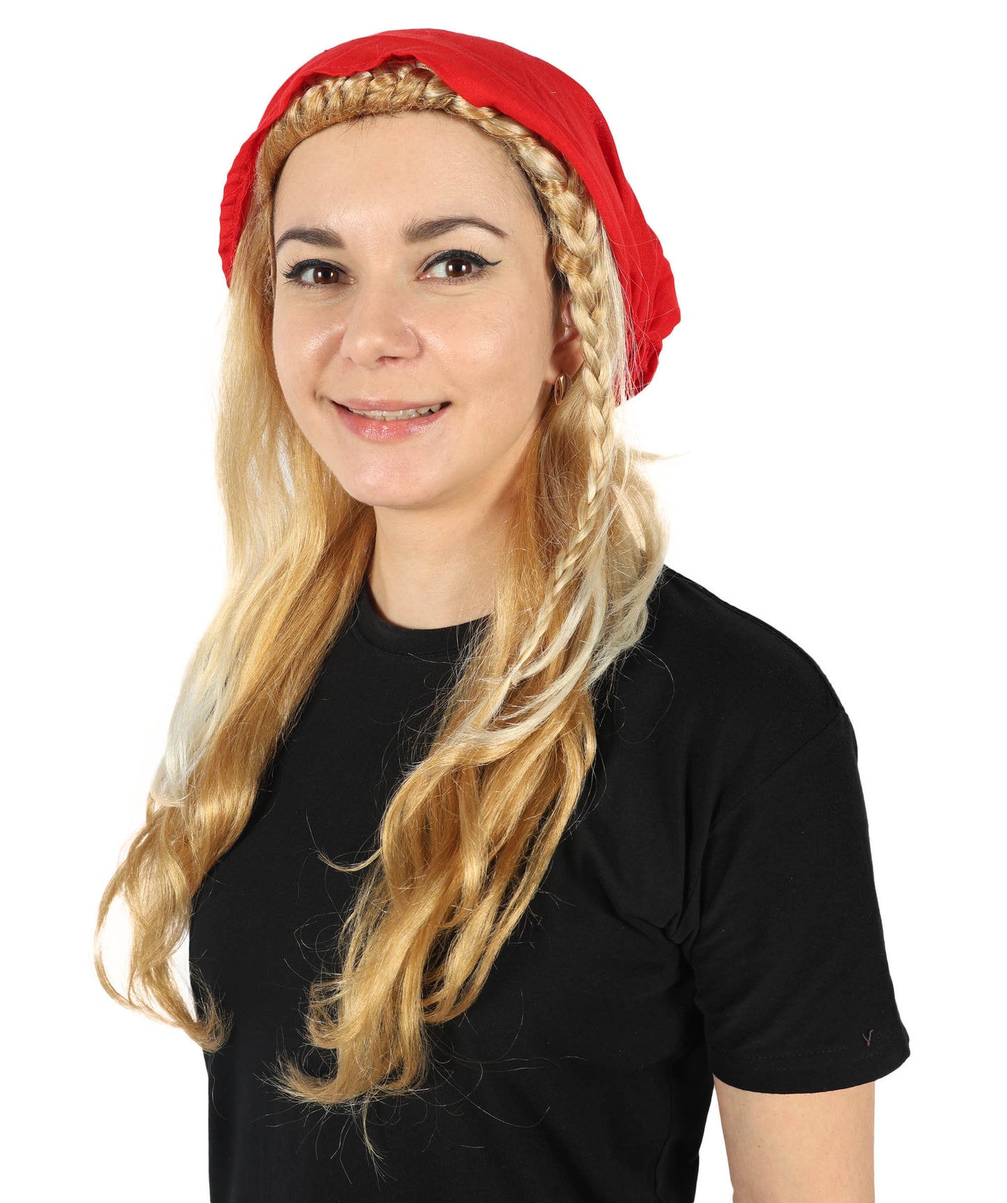 HPO Adult Women's Pirate Princess 21 inch Long Wavy Multiple Wig with Red Bandana | Halloween & Cosplay Wig's | Flame-retardant Synthetic Fiber