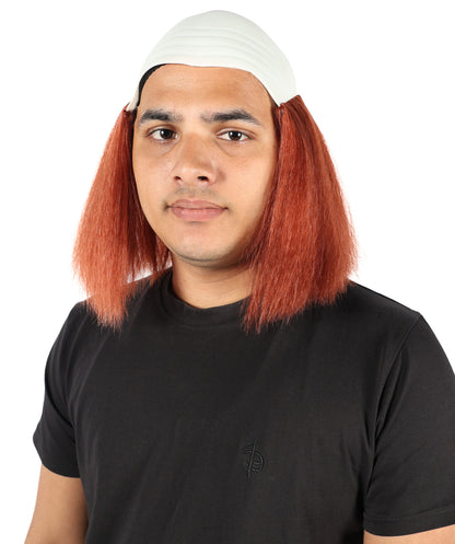 HPO Men's Bald Deluxe Silly Boy Auburn Wig | Comical Bald Cap with Hair Tufts | Hairpiece for Halloween Cosplay Parties Stage & Roleplay