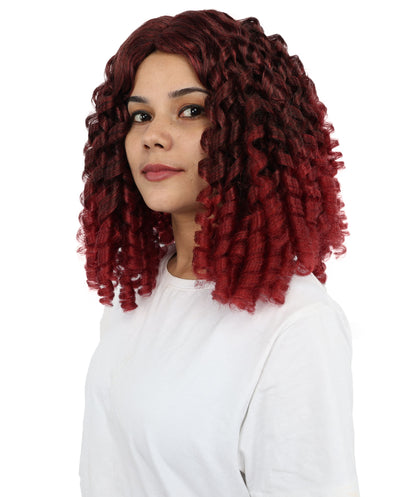 HPO Women's Burgundy Curly Wig | Medium Synthetic Hair with Intricate | Adjustable Breathable Cap for Cosplay, Halloween, Parties & Stage