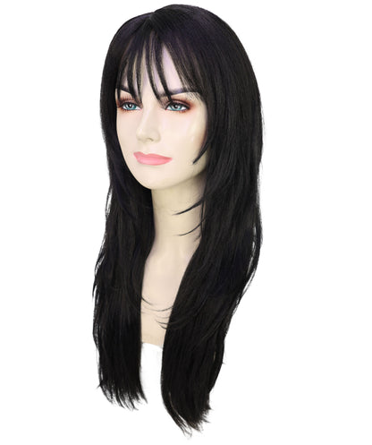 HPO Adult Womens Sleek Black Wig with Layered Cut & Wispy Bangs | Celebrity Inspired Long Hair Look | Ideal for Halloween | Breathable Cap