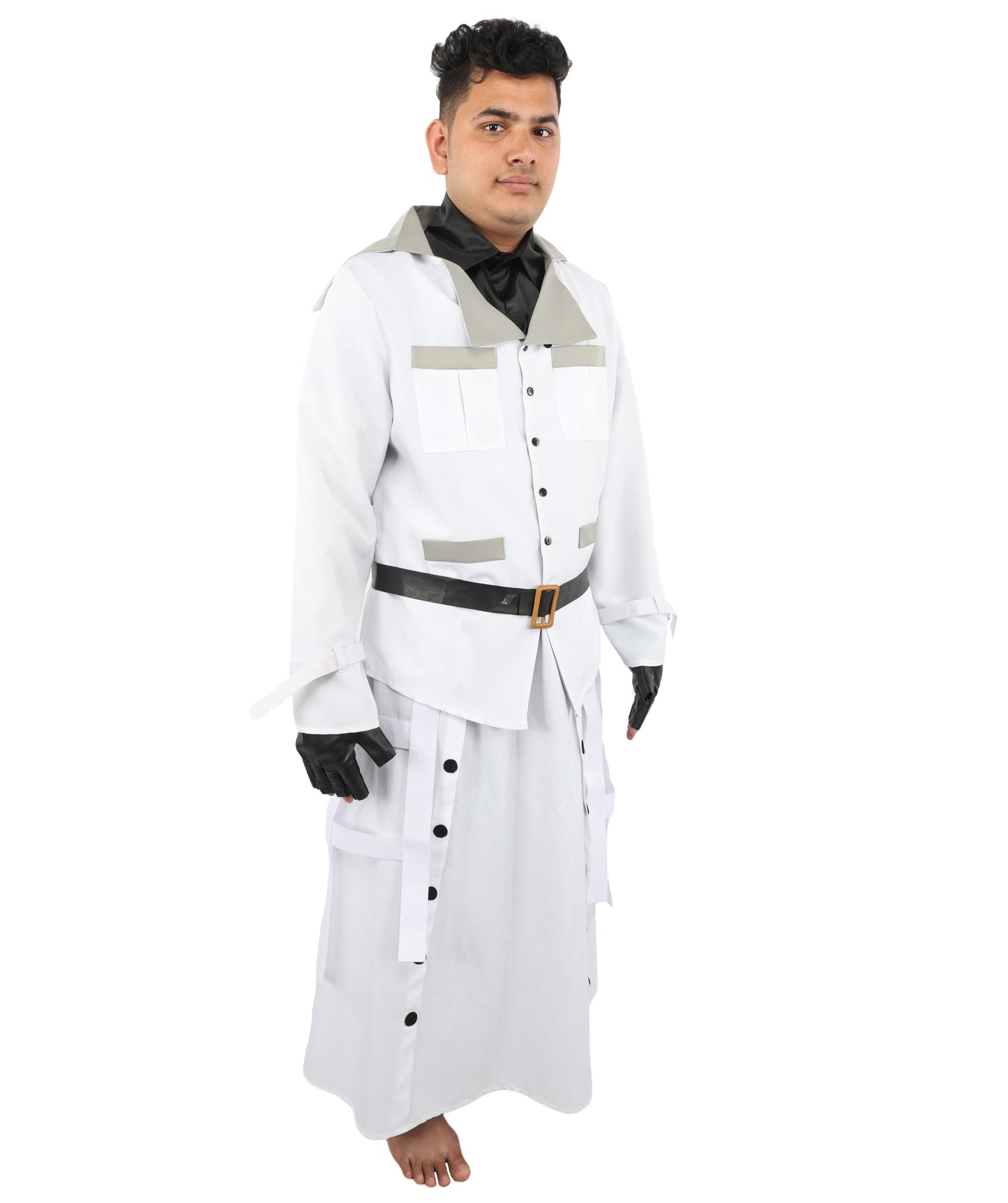HPO Men's Sci-Fi Executive Officer Costume | White Trench Coat Uniform with Layered Black Scarf and Belts | Ideal for Halloween, Theater, Drag, and Gaming Events