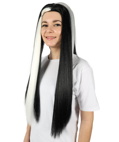 Women’s Extra Long Straight Black and White Widow’s Peak Wig with Center Part | High-Volume Hairpiece for Halloween, Cosplay & Gothic Character Looks
