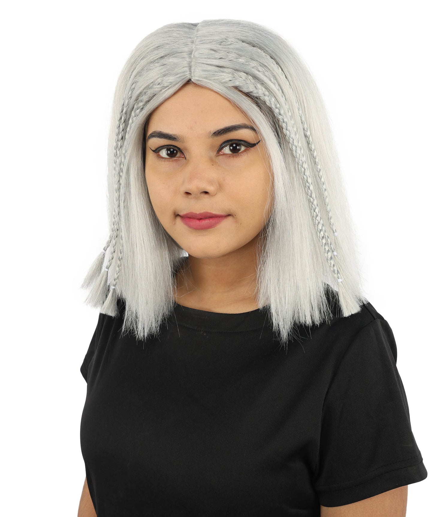 HPO Celebrity-Style 11 Inch Green Rooted Blonde Front Braided Straight Wig | Shoulder-Length Fun, Bold, and Stylish Hairpiece  | Ideal for Halloween, Cosplay, and Themed Parties