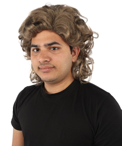 HPO Men’s 80s Light Brown Curly Mullet Wig | Flame-retardant Synthetic Fiber | Retro Movie Character Inspired Hairpiece for Cosplay & Halloween