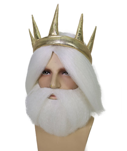 HPO Men’s Fantasy Character White Wig Beard & Mustache Set | Short Curly Hair Costume Accessory for Mythical Sea Roleplay, Festivals & Dress-Up Parties | Breathable Capless cap Design