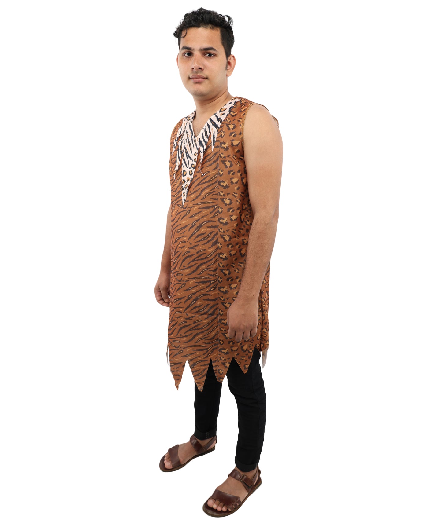 HPO Men’s Tiger-striped Prehistoric Caveman Tunic Costume | Sleeveless Jungle Outfit | Ideal for Halloween, Cosplay, and Theme Parties