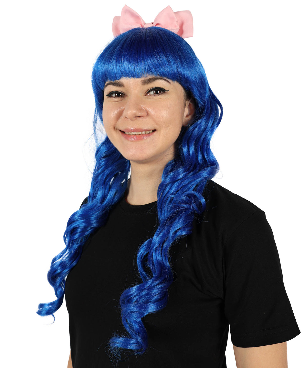 HPO Women's American Singer Medium Length Blue Wavy Pink Bow Wig | Halloween Wig | Flame-retardant Synthetic Fiber