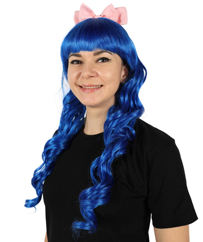 HPO Women's American Singer Medium Length Blue Wavy Pink Bow Wig | Halloween Wig | Flame-retardant Synthetic Fiber
