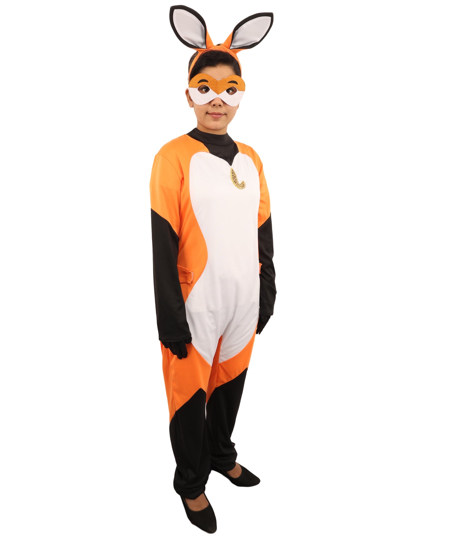 HPO Women's Clever Fox Heroine Costume | Orange White and Black Synthetic Febric Bodysuit with Attached Tail and Mask | Idal for Halloween, Cosplay, Drag, and Themed Events