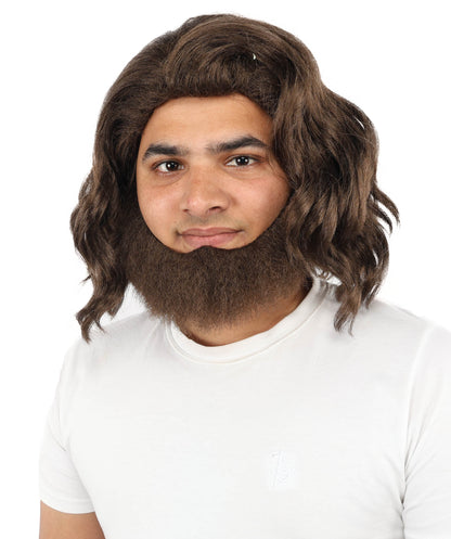 HPO Men’s Animated Character Medium Length Wavy Brown Wig & Beard Set | 12 Inch Flame-Resistant Synthetic Hair with Capless Cap Design | Comfortable Wear for Cosplay, Halloween, Theatre & Events