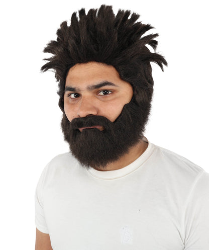 HPO Men’s Animated Genius Spiky Wig Beard & Mustache Set  – Wild Mad Scientist Pointed Beard & Curled Mustache Combo | Ideal for Animated Cosplay, Halloween Parties & Events