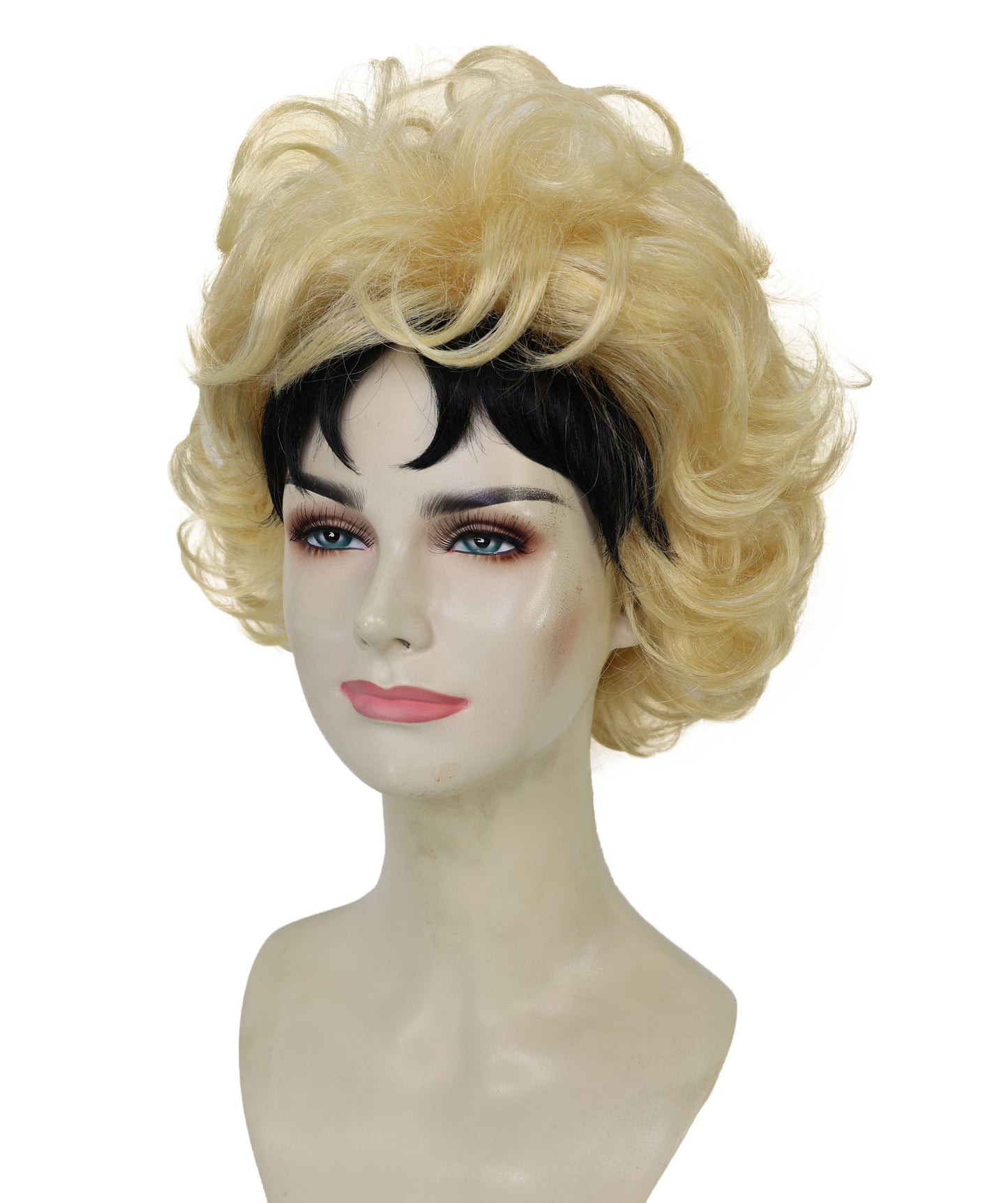 HPO Adult Women’s Golden Blonde Curly Wig with Dark Roots | High-Fashion Editorial Style | Ideal for Halloween | Breathable Capless Cap
