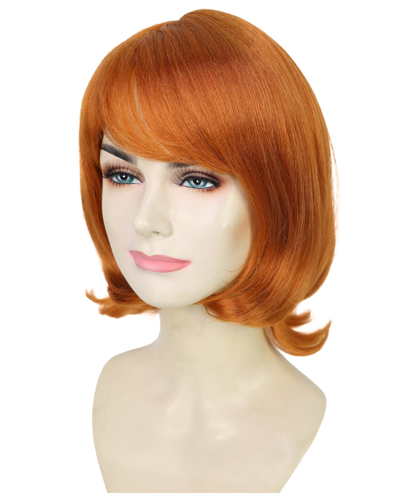 HPO Adult Women’s Layered Ginger Wig with Fringe | 1980s Style Costume Hair for Halloween Themed Parties| Breathable Capless Cap