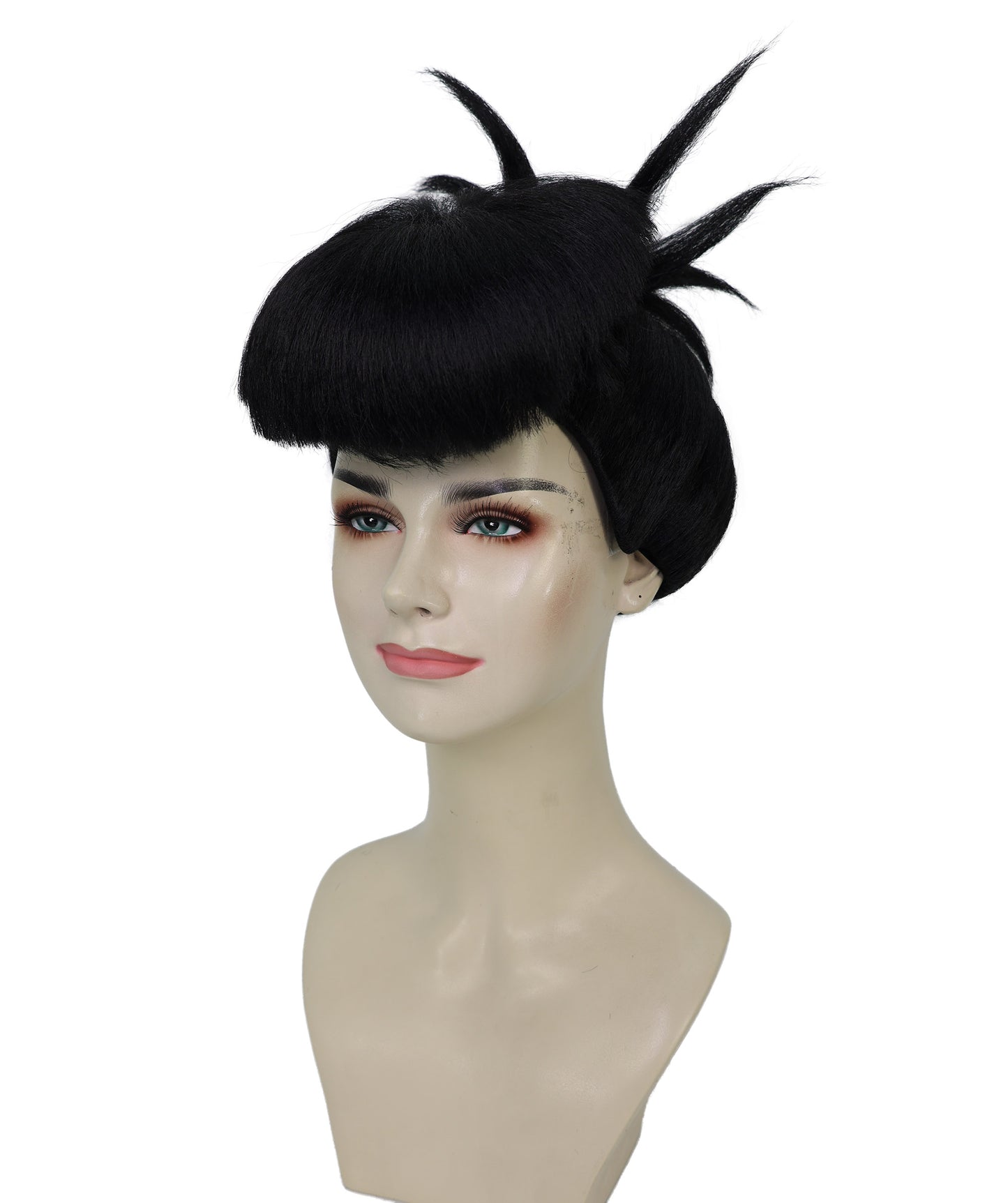 HPO Adult Women’s Sculpted Spiked Bun Wig with Blunt Bangs | Halloween Wig | Flame-Retardant Synthetic Hair with Breathable Capless Design