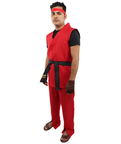 HPO Men Martial Arts Fighter Outfit | Red Gi Costume with Belt, Headband & Gloves, Body | Video Game Fighter costume For Cosplay & Themed Battle Events