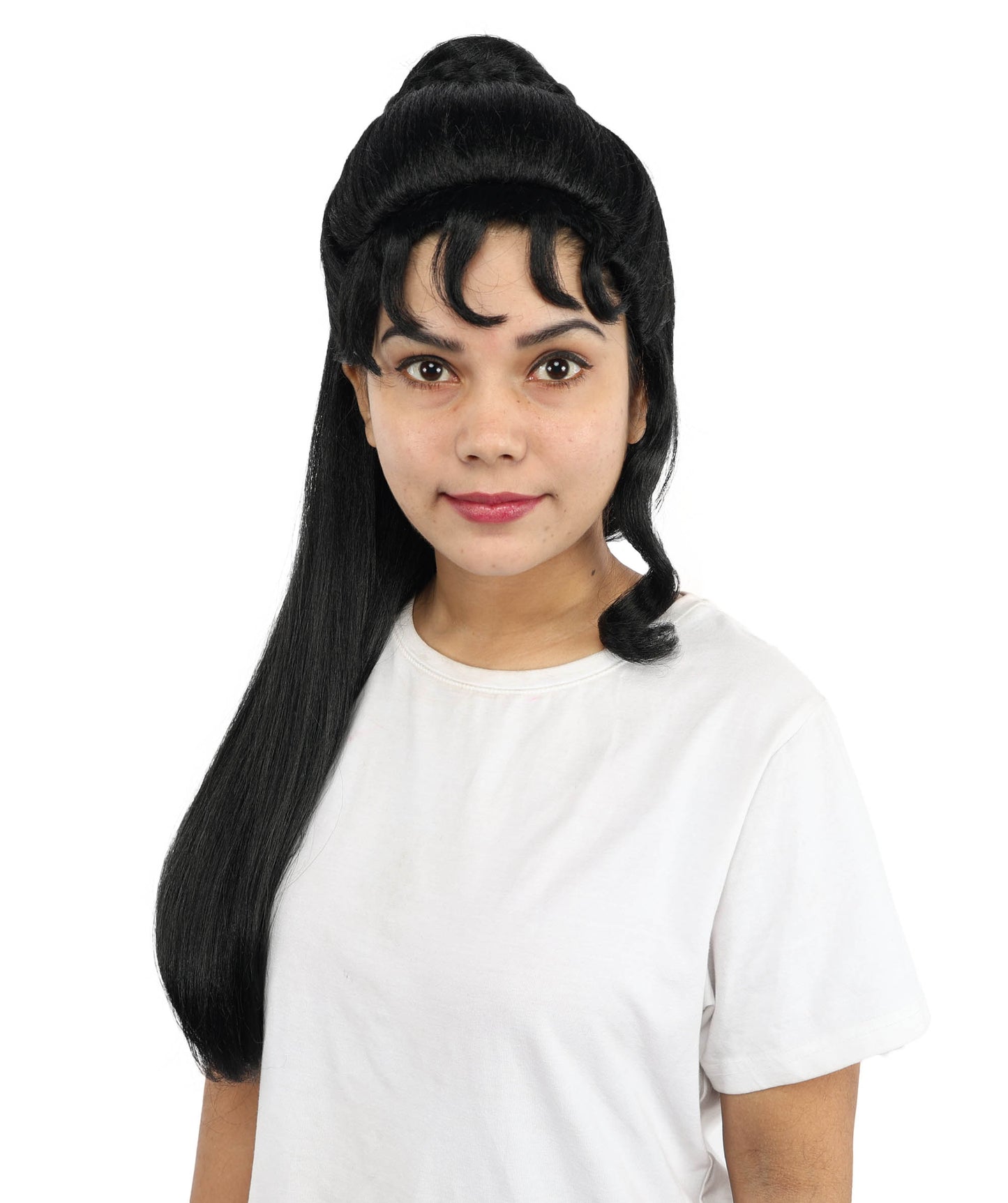 HPO Women’s 24” Long Black Wig | Elegant Half-Up Curly Bangs Wig for Historical, Mythical, or Theatrical Roles | Capless Cap Design