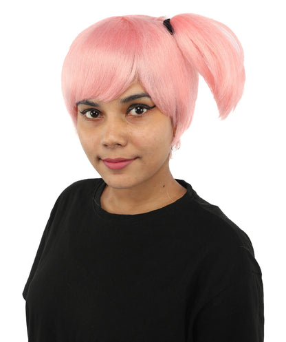 HPO Adult Women's Anime Trainer Character Wig | Vibrant hue multicolor options, create of synthetic fiber, short choppy bob with high side ponytail, breathable base | Cosplay, Halloween, theater, party, performance, costume events