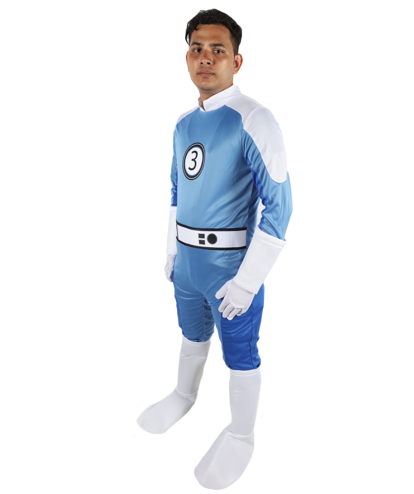 HPO Men’s Ultimate Sci-Fi Team Blue and White Costume | 3-in-1 Jersey Dress with Hand Gloves | 66.5" Length Futuristic Cosplay Outfit