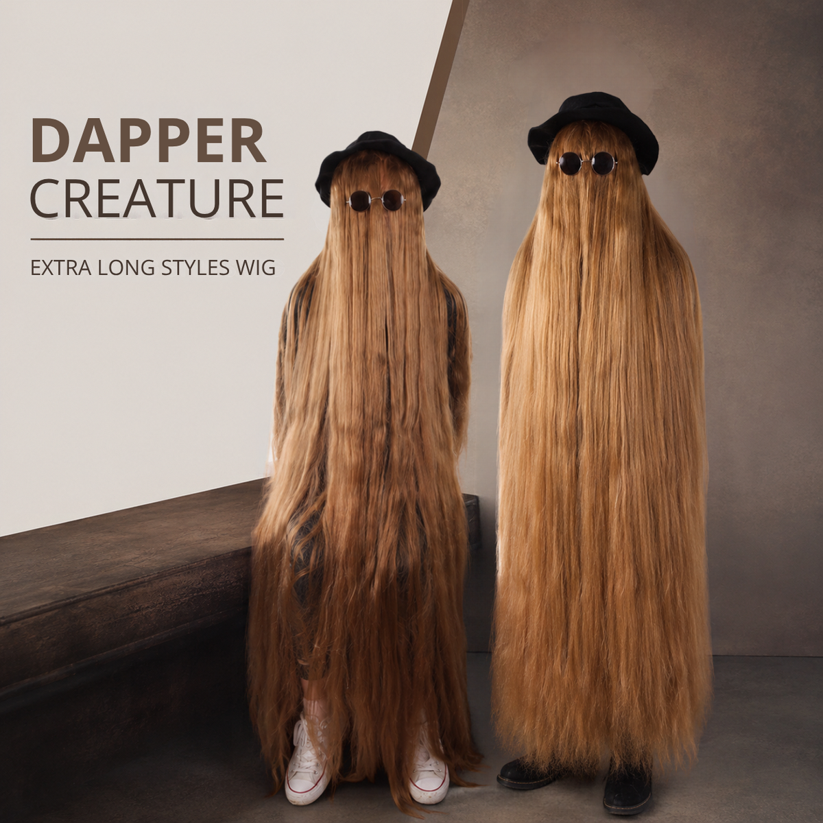 HPO Dapper Creature Brown Hair Wig for 60" Teen & 66" Adult Bundle Costume - Full Length Hairpiece Costume Set With Hat and Round Sunglasses Featuring Dramatic Styling For Outfits & Themed Gatherings