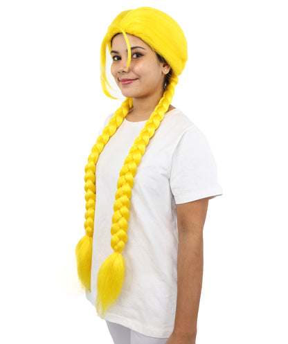 HPO Women’s Long Braid Synthetic Yellow Wig with Bangs | Sleek Cosplay Hairpiece with Comfortable Breathable Cap | Perfect for Halloween, Parties & Roleplay