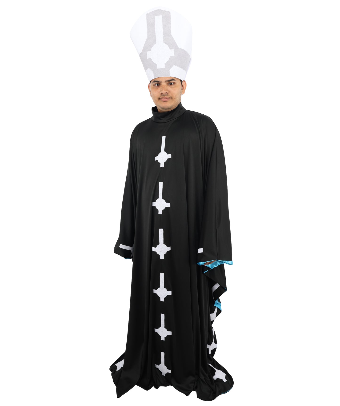 HPO Men's Satanic Pope Costume | Ghostly Grim Clergy Black Robe Teal Satin Lining Inverted Cross Mitre Hat | Halloween Dark Metal Rock Cosplay Stage Performance Wardrobe Piece