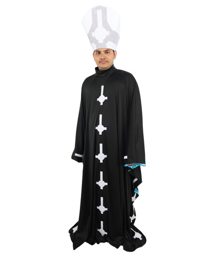 HPO Men's Satanic Pope Costume | Ghostly Grim Clergy Black Robe Teal Satin Lining Inverted Cross Mitre Hat | Halloween Dark Metal Rock Cosplay Stage Performance Wardrobe Piece