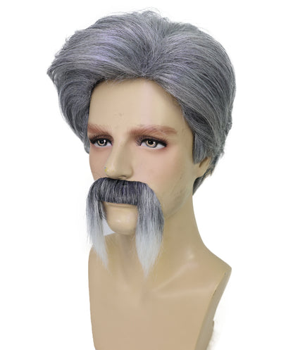 HPO Men’s Sports Fun 2-Tone Curly Wig with Mustache  | Ideal for Halloween | Breathable Capless Cap