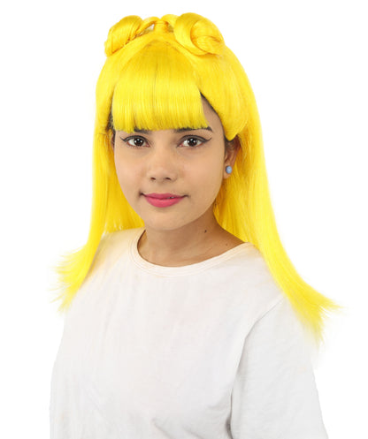 HPO Women's Brown & Pink Half Updo Bangs Wig | Create of synthetic fiber, blunt fringe with top bow, breathable base | Party, Halloween, theater, drag, performance, costume events