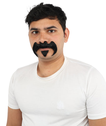 HPO Men’s Bold Horseshoe Mustache with Chin Beard Set – Flame-retardant Synthetic Fiber Fake Facial Hair | Ideal for Halloween Parties, Cowboy, Police Roleplay and Themed Events