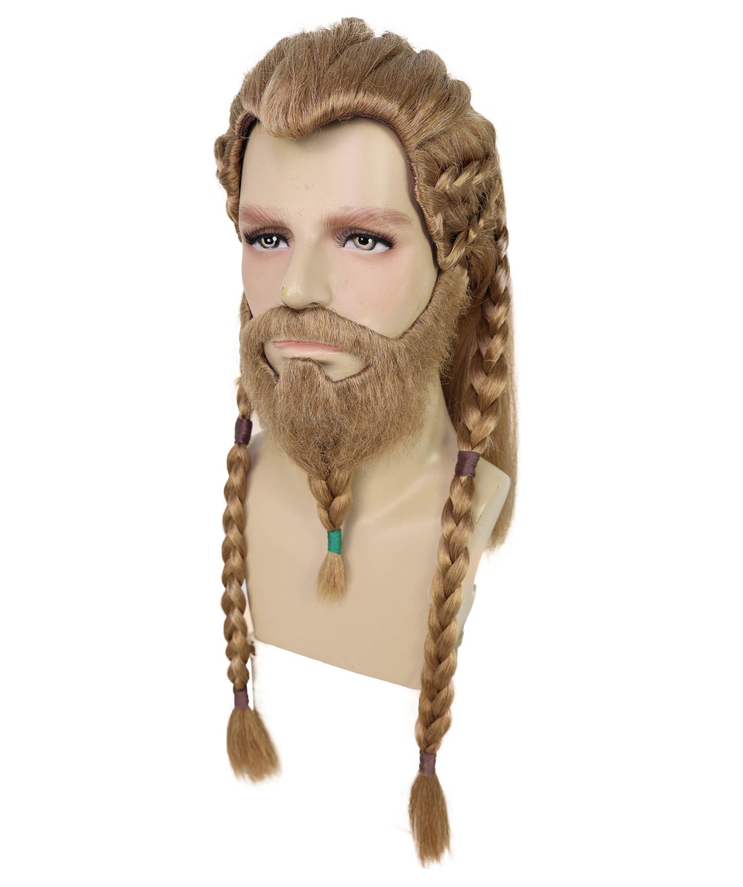 HPO Men's Viking Braided Brown Wig, Beard & Mustache Set | Long Synthetic Hair with Braided Styling | Nordic Warrior Inspired or Festivals, Parties