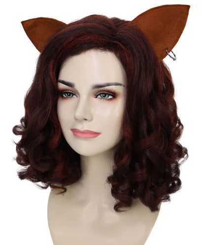 HPO Women’s Cat-Themed Curly Brown Wig with Ears| Halloween and Cosplay Wig | Flame-retardant Synthetic Fiber