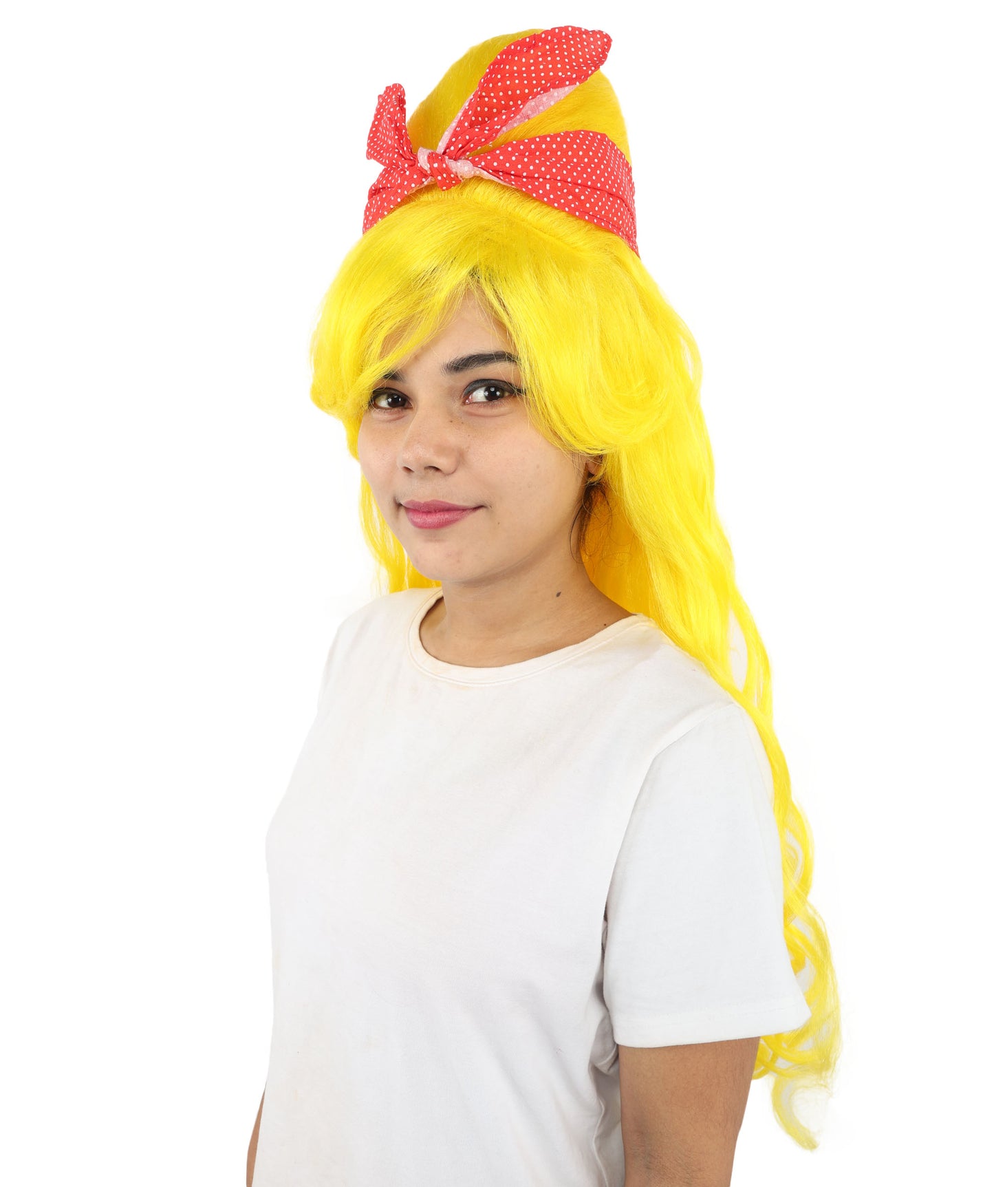 HPO Women’s Retro Beehive Wig with Red Bow | Multicolor Options | Extra Long Wavy Fancy Dress Accessory | Fancy Dress Accessory | Celebrity-Inspired Hair for Halloween, Cosplay & Music Tribute Parties