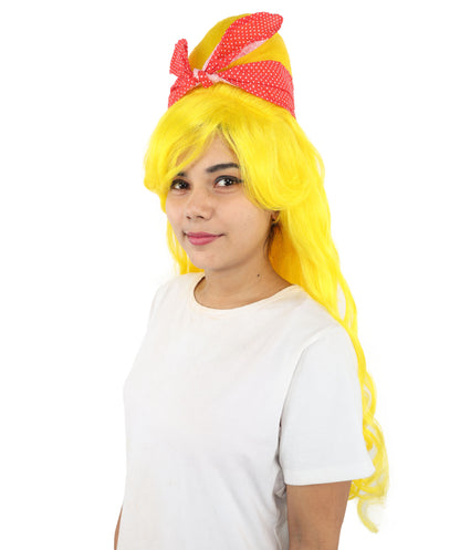 HPO Women’s Retro Beehive Wig with Red Bow | Multicolor Options | Extra Long Wavy Fancy Dress Accessory | Fancy Dress Accessory | Celebrity-Inspired Hair for Halloween, Cosplay & Music Tribute Parties