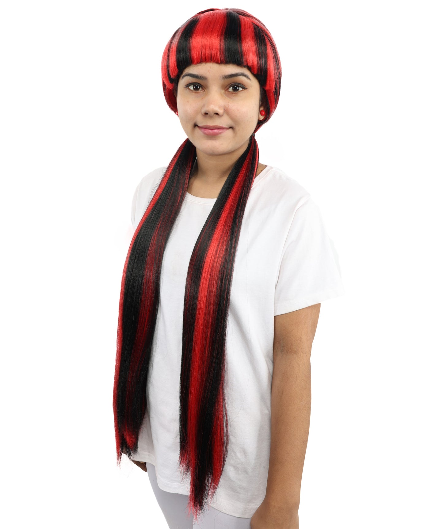 HPO Women's Gothic Harlequin Extra Long Wig | Heat Resistant Fiber Featuring Bold Crimson and Onyx Stripes with Curved Ends | Halloween Costume Events and Performance Art