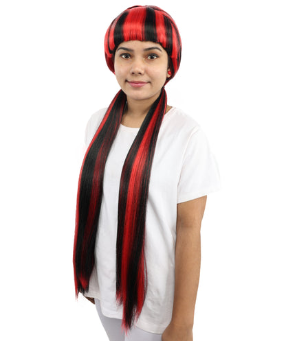 HPO Women's Gothic Harlequin Extra Long Wig | Heat Resistant Fiber Featuring Bold Crimson and Onyx Stripes with Curved Ends | Halloween Costume Events and Performance Art