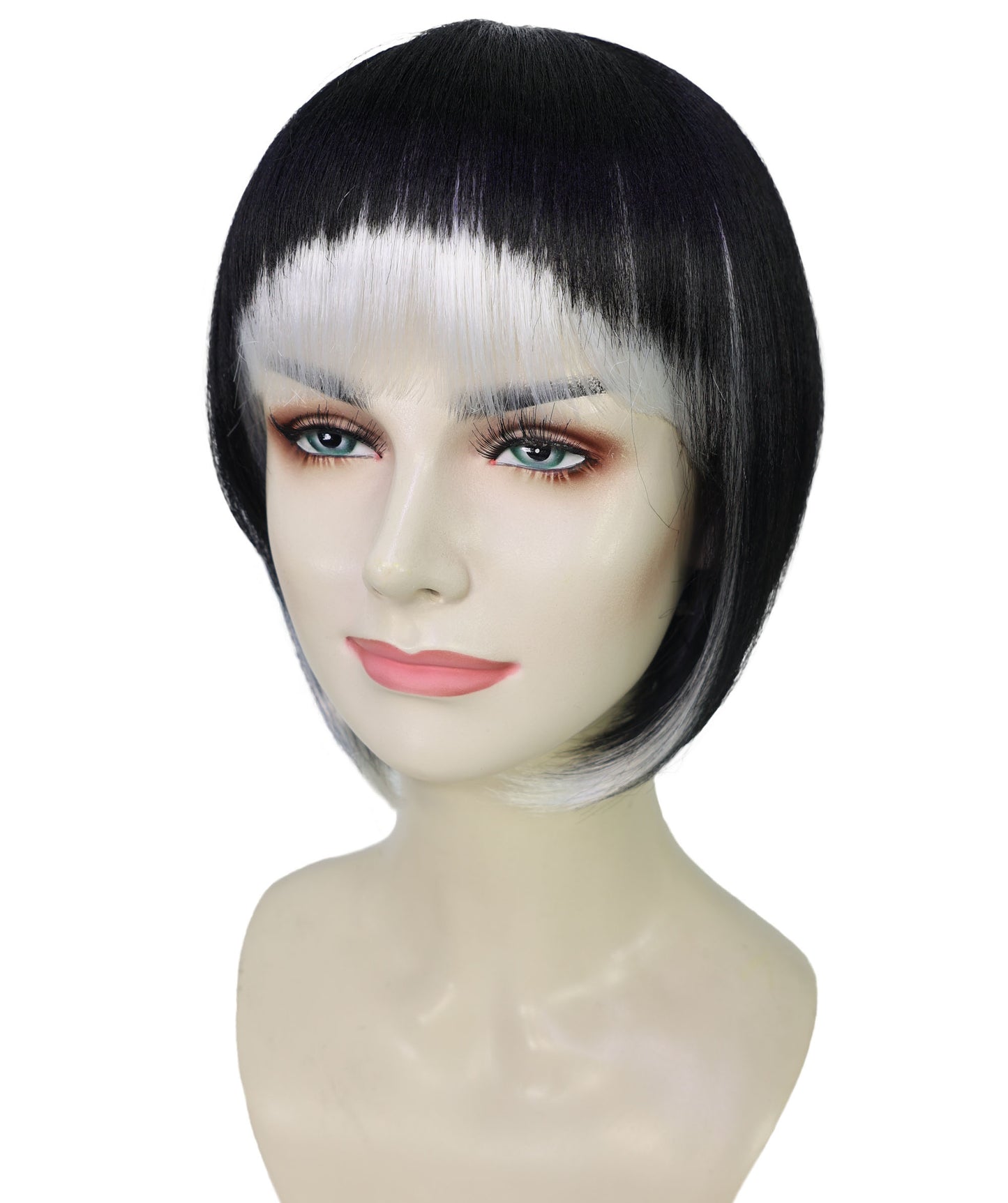 HPO Women's Black & White Carnival Halloween Roleplay Wig | Flame-resistant Synthetic Fiber with Capless Cap| Ideal for party, Halloween, cosplay, theater, drag, performance, costume events