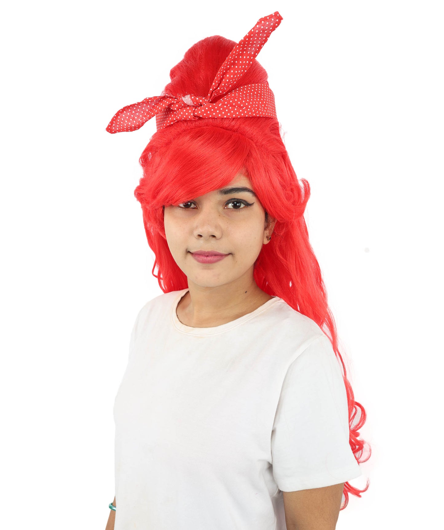 HPO Women’s Retro Beehive Wig with Red Bow | Multicolor Options | Extra Long Wavy Fancy Dress Accessory | Fancy Dress Accessory | Celebrity-Inspired Hair for Halloween, Cosplay & Music Tribute Parties