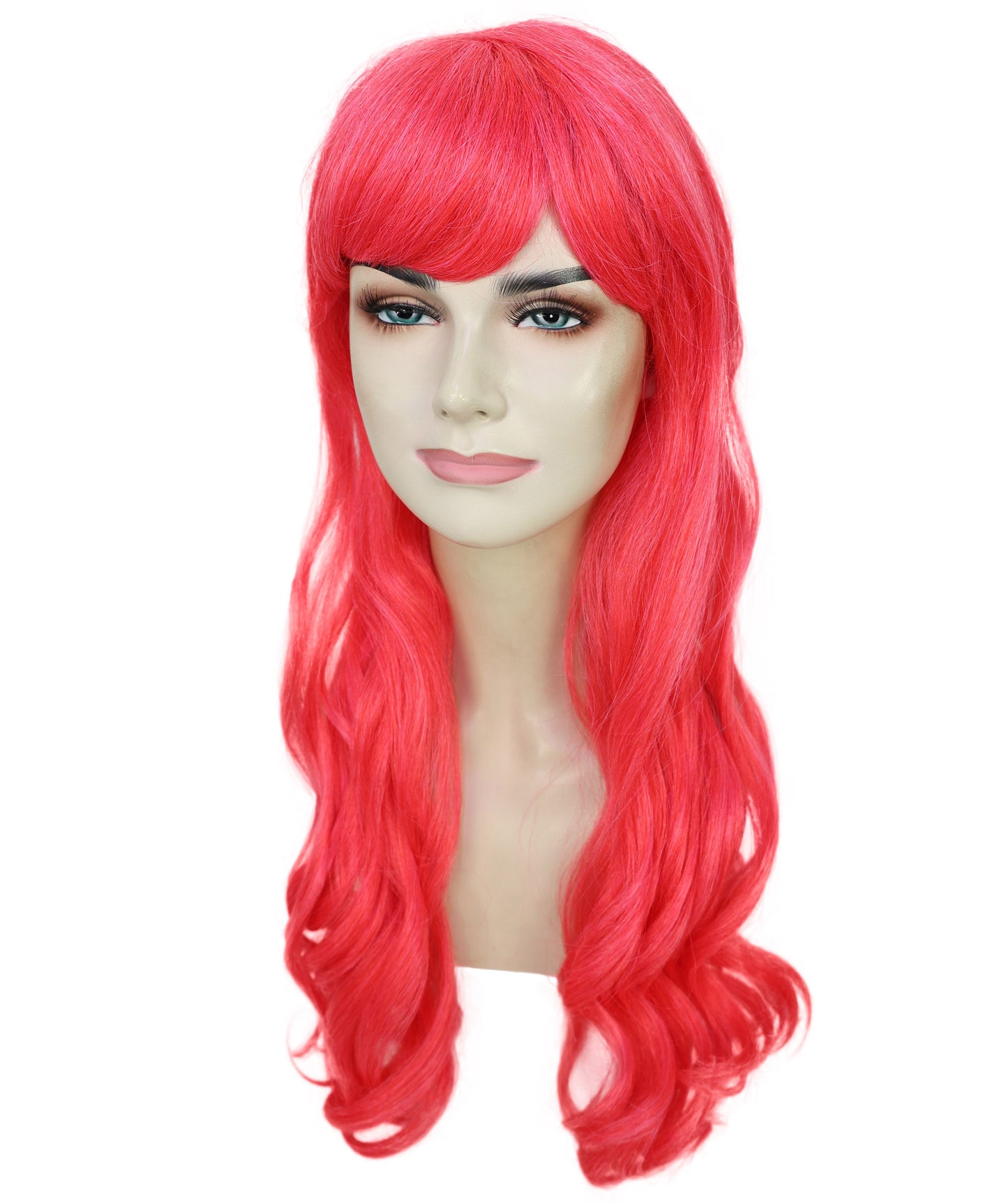 HPO Women's Red Long Wavy Desire Wig with Front Bangs | Halloween and Party Wig | Flame-retardant Synthetic Fiber  |  Premium Breathable Capless Cap