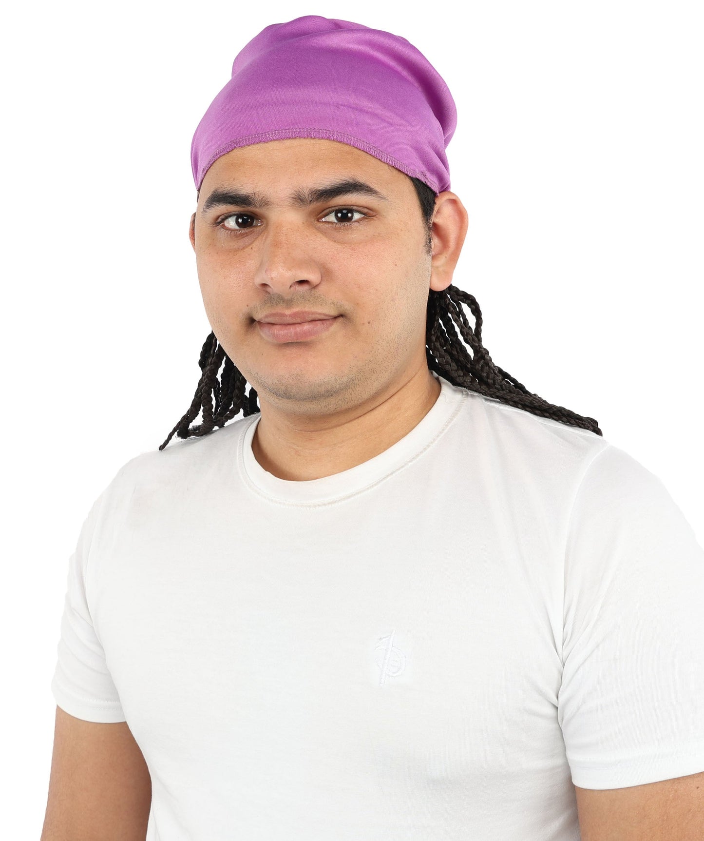 Men’s Movie Character Inspired Black Braided Wig with Purple Head Wrap Hat | Flame-retardant Synthetic Fiber | Ideal Hairpiece for Cosplay & Halloween