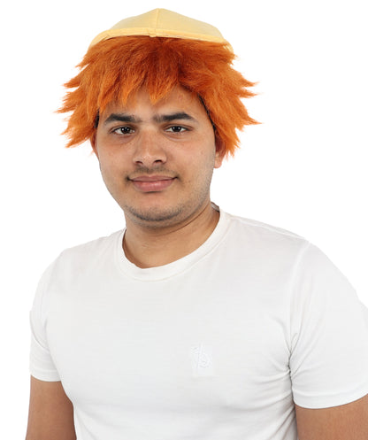 HPO Men's 10 Inch Auburn Wig with Yellow Hat | Short Tousled Style Lightweight Capless Cap | Ideal for Cosplay, Theater & Dress-Up Events